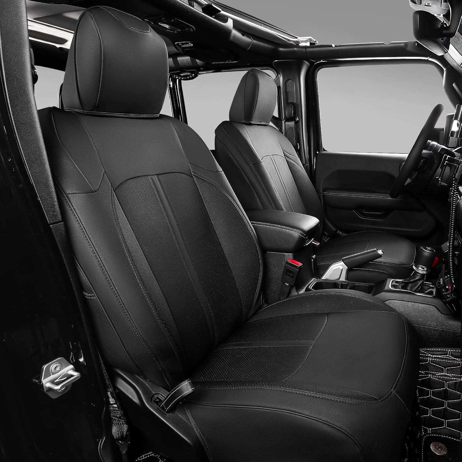 Xipoo Fit 2018-2022 Jeep Wrangler JL Seat Covers Front and Back PU Leather Car Seat Covers 4 Door for 2018 2019 2020 2021 2022 Wrangler JL Accessories(Black, Wrangler JL with Rear Cup Holder)