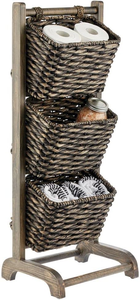 mDesign 3 Tier Vertical Standing Storage Basket Stand, Decorative Wood Storage Organizer Tower Rack with 3 Basket Bins - White/Gray Wash