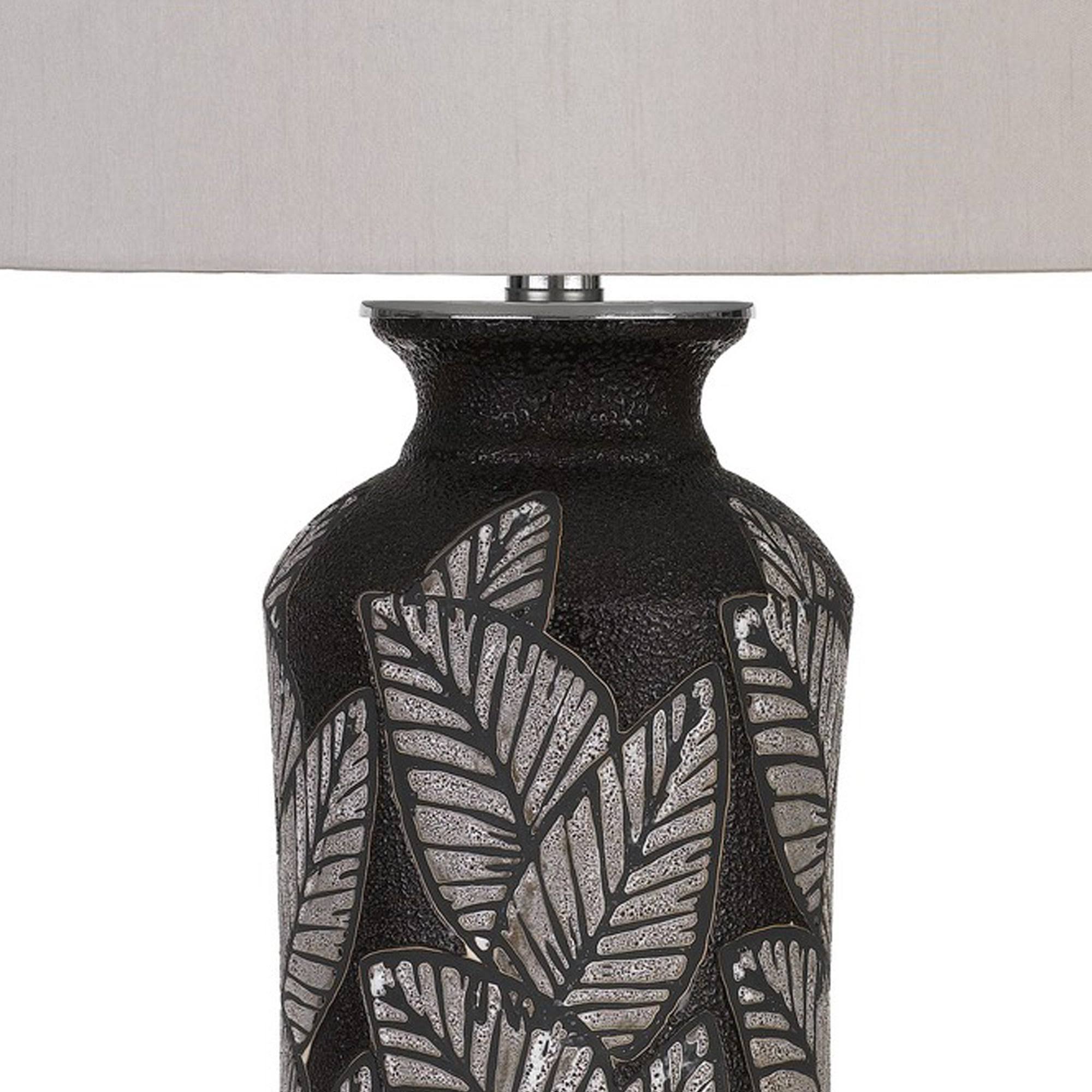 Benjara 150 Watt Leaf Engraved Ceramic Base Table Lamp, Gray and Black