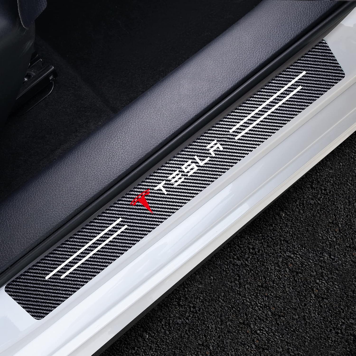 Ottce 4PCS Threshold Protection Sticker Carbon Fiber Sticker Decorative Door Entry Guard Door Threshold Scratch Pad Film for Tesla, black