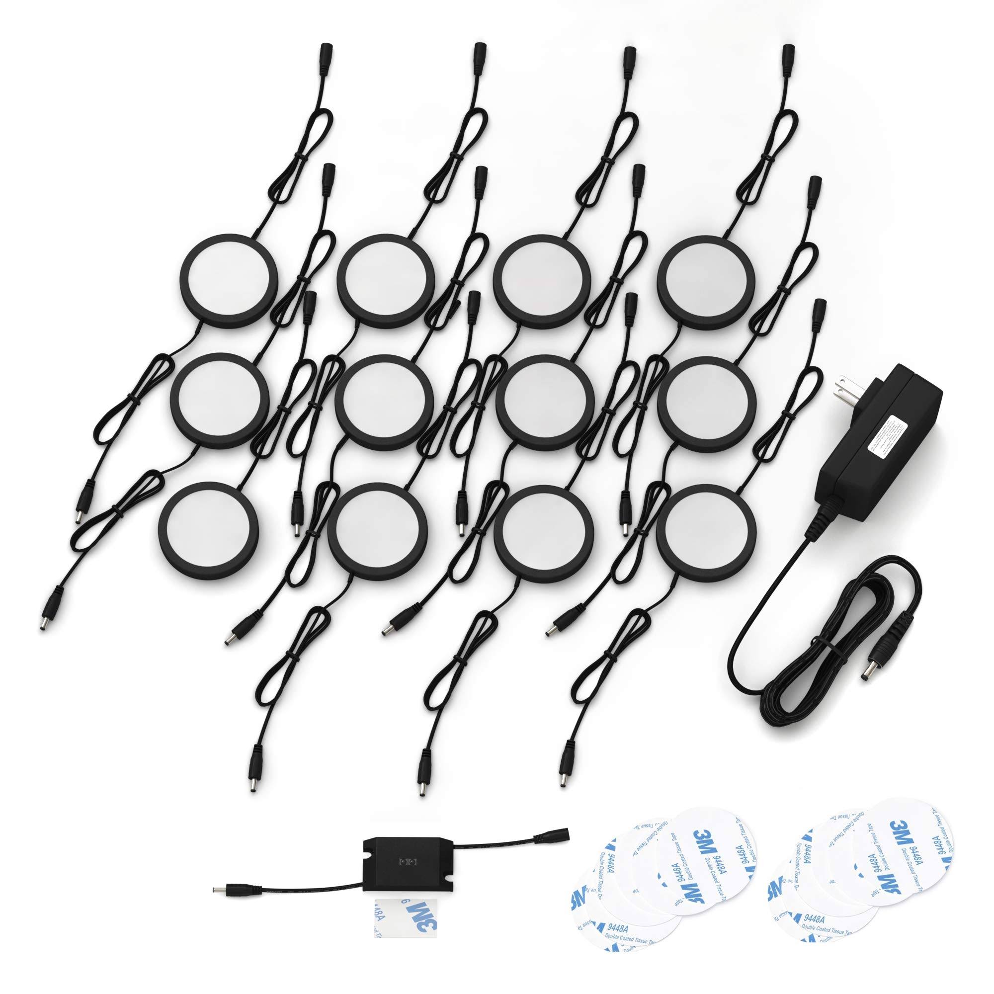 Eshine Black Matte Under Cabinet Puck Lights with Hand Wave Sensor &ndash; Circular LED Cabinet Lights &ndash; Dimmable &ndash; Pack of 12, Cool W