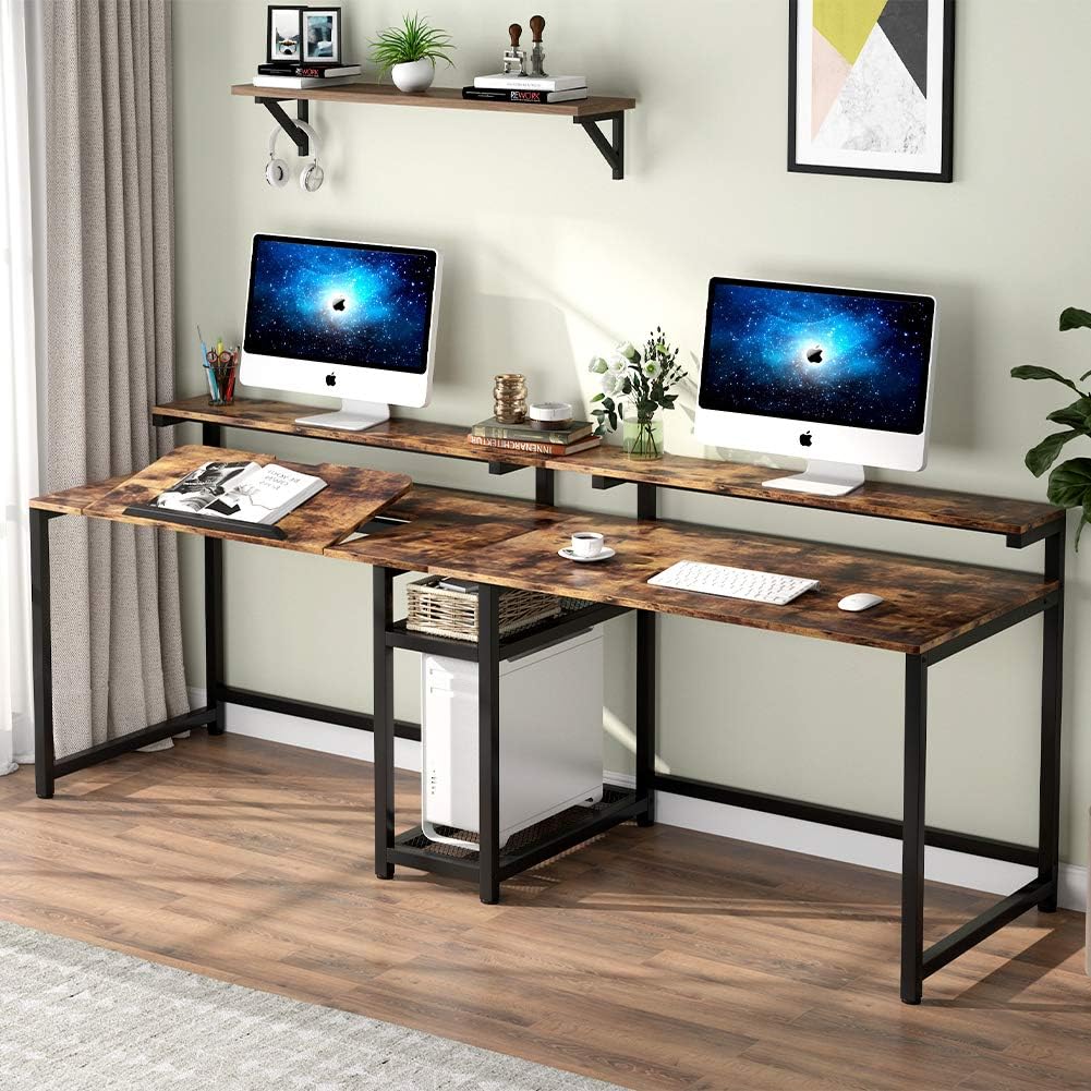 TIYASE 78.7 inch Double Computer Desk with Storage Shelves, Extra Long Two Person Desk with Hutch, Double Workstation Home Office Desk Writing Table with Tiltable Tabletop and Monitor Stand(Black)