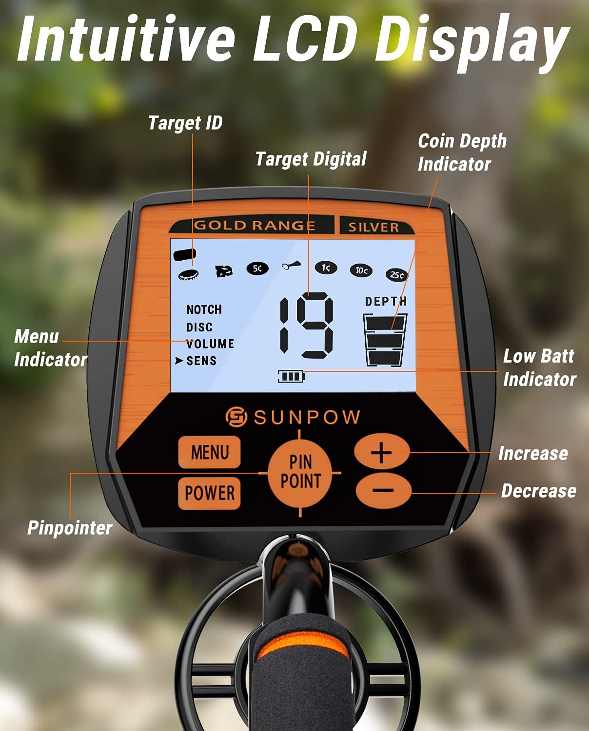 SUNPOW Metal Detector for Adults, Professional Waterproof Adjustable High Accuracy Metal Detector, 10'' Detection Depth, Pinpoint & Disc & Notch & All Metal 4 Modes, Strong Anti-Interference-GC-1083
