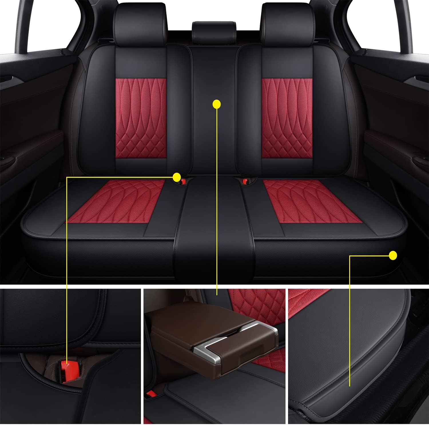 TZAUT-AXLE Faux Leather Automotive Seats Cushion Full Set for Car Seat Protectors, Waterproof and Cooling, Front and Rear Split Bench Car Seat Cover, Easy to Install, Interior Accessories Fit Universal Cars&SUV(Rear Seat, Red)