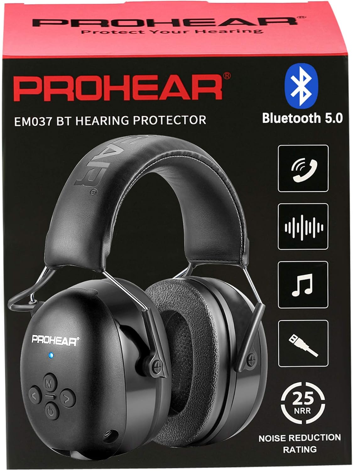 PROHEAR 037 Bluetooth 5.0 Hearing Protection Headphones with Rechargeable 1100mAh Battery, 25dB NRR Safety Noise Reduction Ear Muffs with 40H Playtime for Mowing, Workshops, Snowblowing - Black