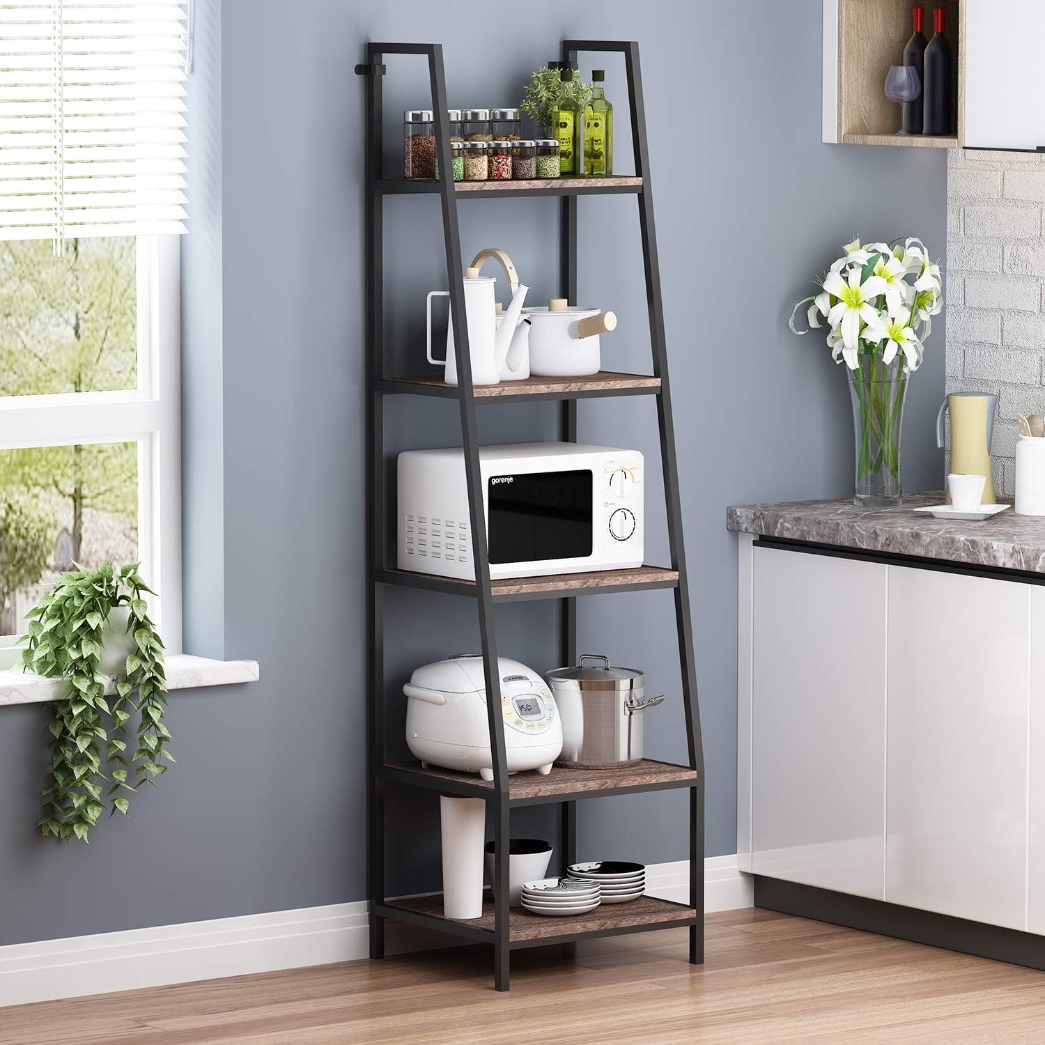 O&K FURNITURE 5-Tier Ladder Shelf, Ladder Shelves, Industrial Style Bookcase, Leaning Bookcases and Book Shelves, Modern Storage Rack and Shelving Unit-72&rdquo;H x 20&rdquo;W, Rustic Brown Finish,(1-pc)