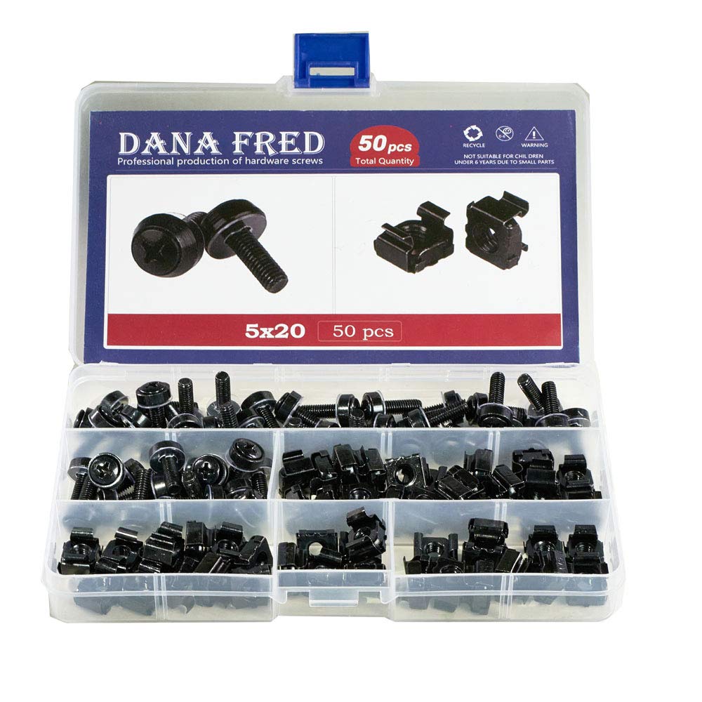 M5X20 Black 50 Set Cage Nuts, Screws and Washers for Rack Mount Server Cabinet, Rack Mount Server Shelves, Routers, Rack Mount Screws and Square Insert Nuts, Self-Locking Cable Ties for Free