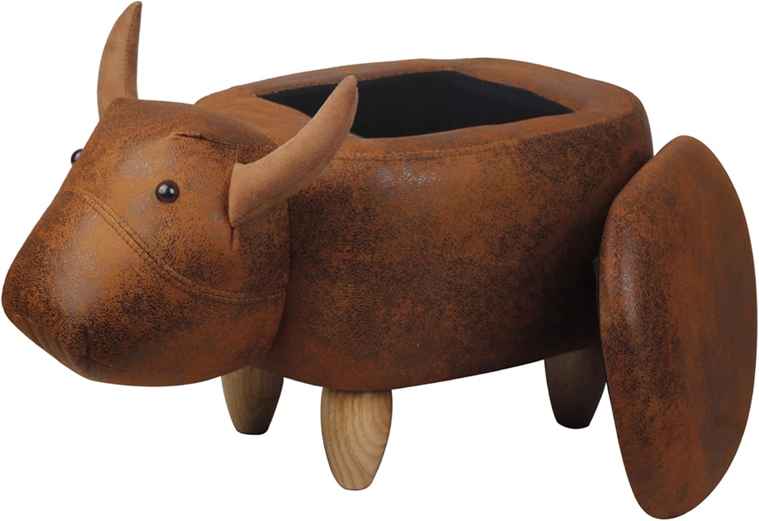 Brown Buffalo Cow Animal Ottoman Storage with Wooden Legs,Faux Leather Footrest/Foot Stool for Kids Bedroom Playroom Living Room-Décor Ottoman Pack of 2