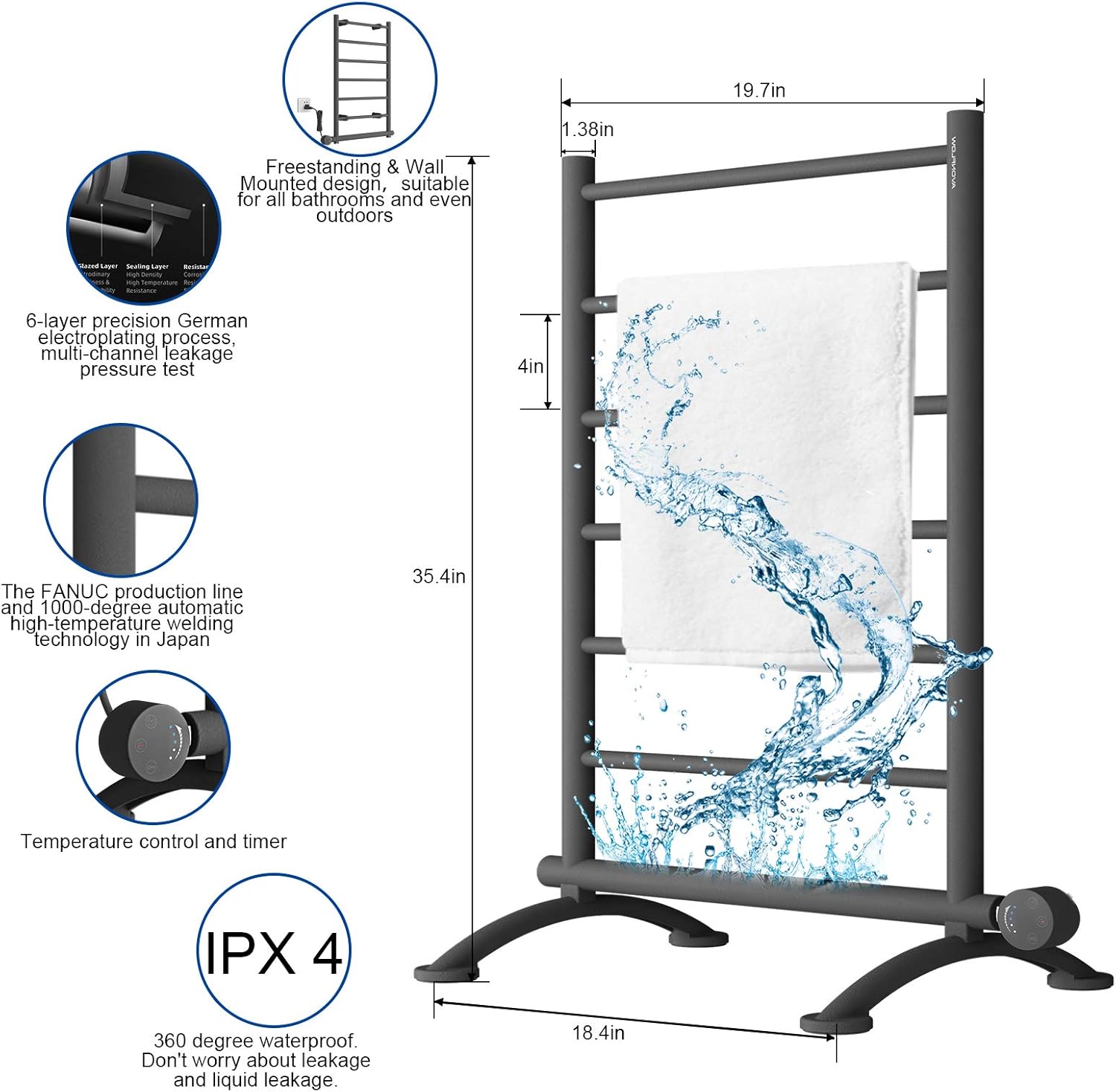 AVONFLOW Freestanding Heated Towel Warmer Rack with Smart Controller Timer Plug in Heated Towel Rack for Bathroom (250W)- Matte Black