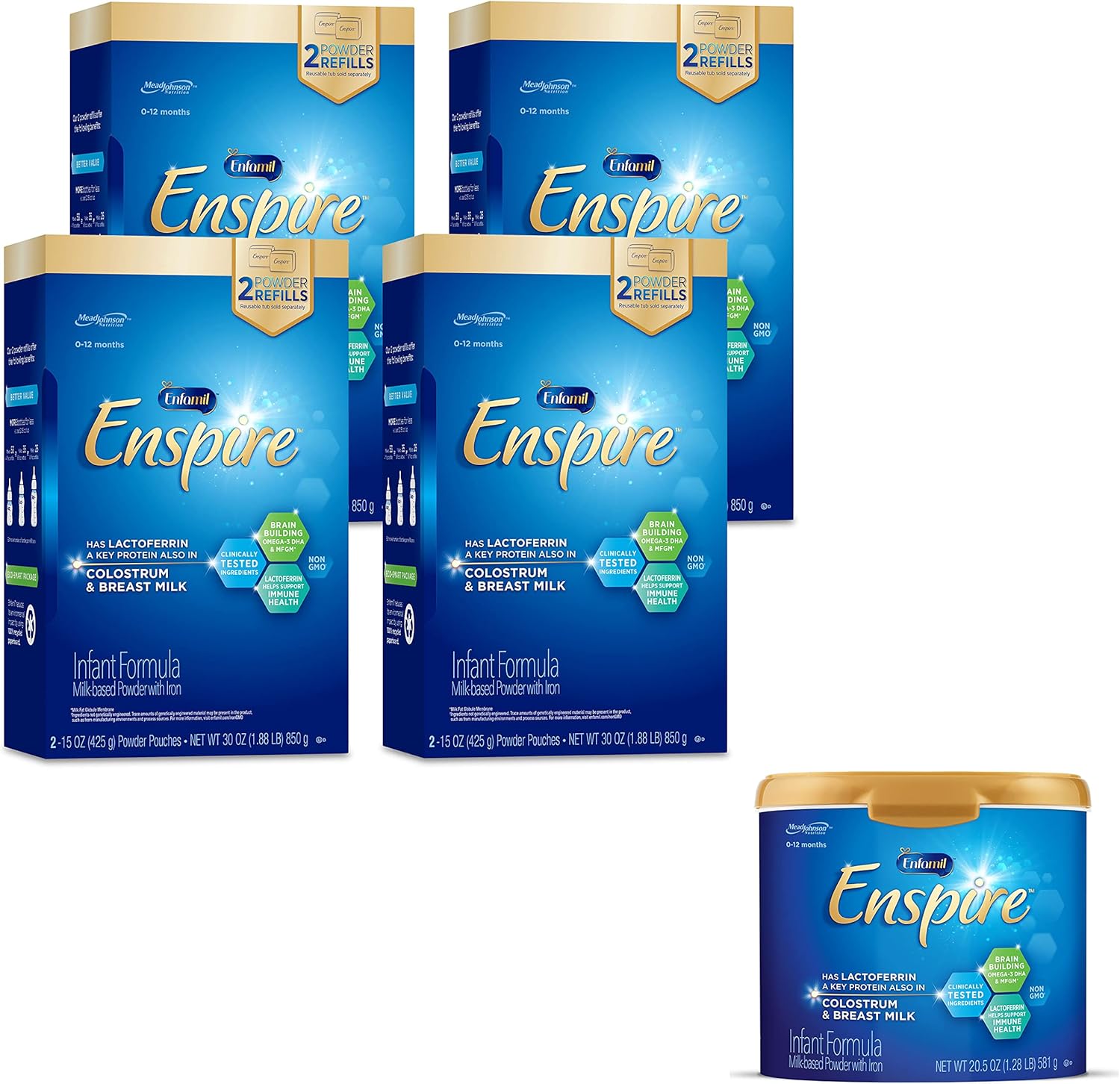 Enfamil Enspire Infant Formula with Immune-Supporting Lactoferrin, Brain Building DHA, Our Closest Formula to Breast Milk, 1 Reusable Tub & 4 Refill Boxes, 140.5 Oz