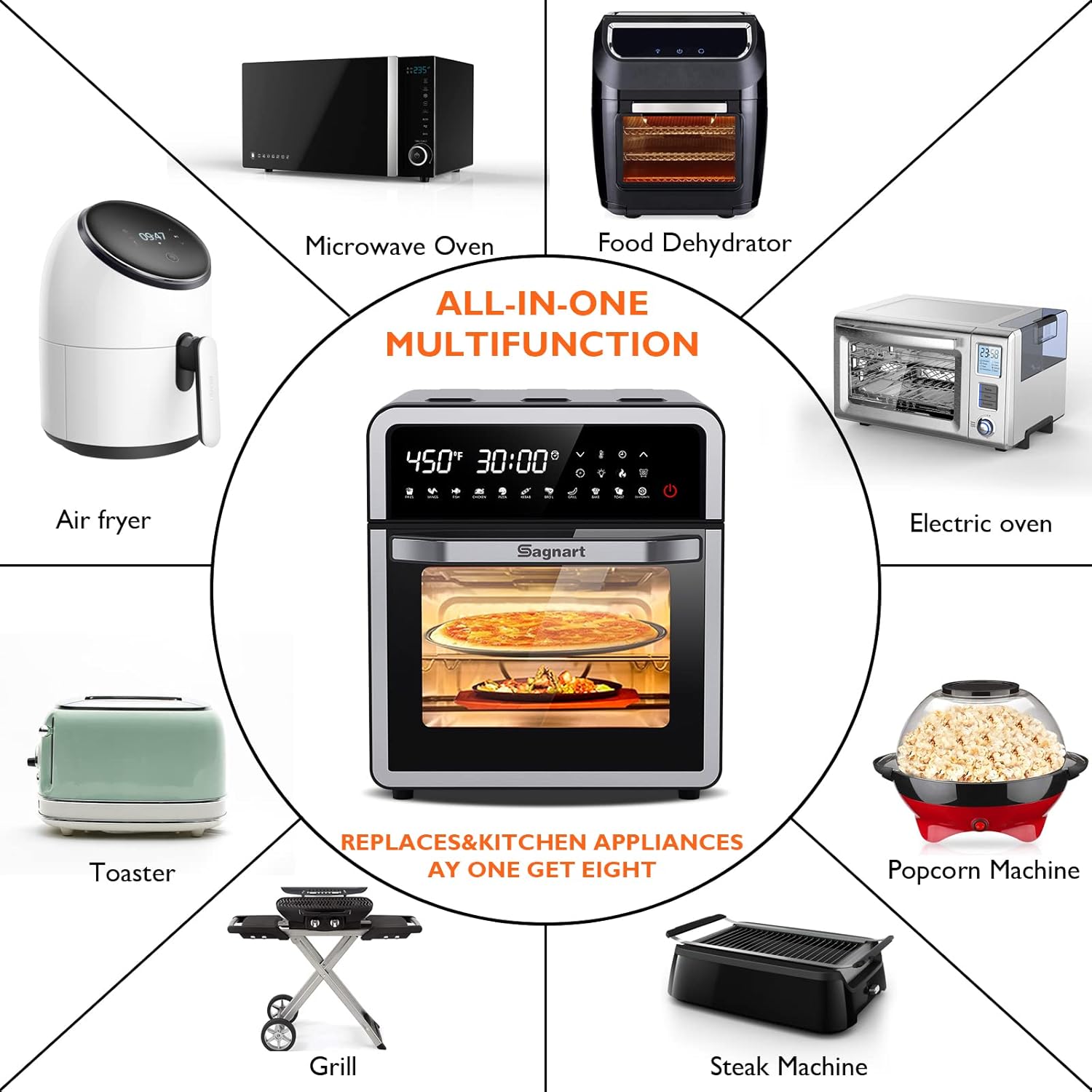 Sagnart Air Fryer Oven, 14-in-1 16 Quart Stainless Steel Air Fryers Toaster Oven with 11 Presets, 1600W LCD Touch Screen Air Fryer, Large Capacity Countertop Convection Toaster Oven with Rotisserie Dehydrator, ETL Certified