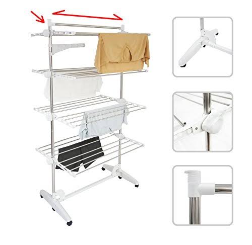Todeco - Drying Room - Large Capacity Rack with 4 Levels and Adjustable Bar for Bedding