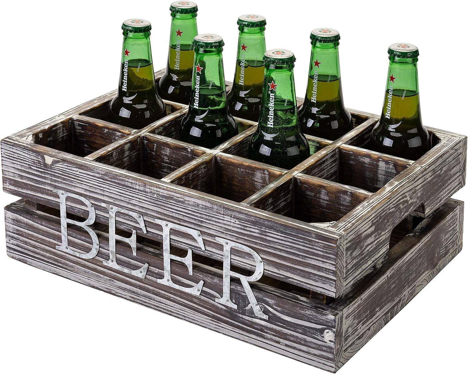 MyGift 12 Slot Rustic Torched Wood Beer Bottle Crate, Beverage Carrier Caddy with Side Handles Pack of 2
