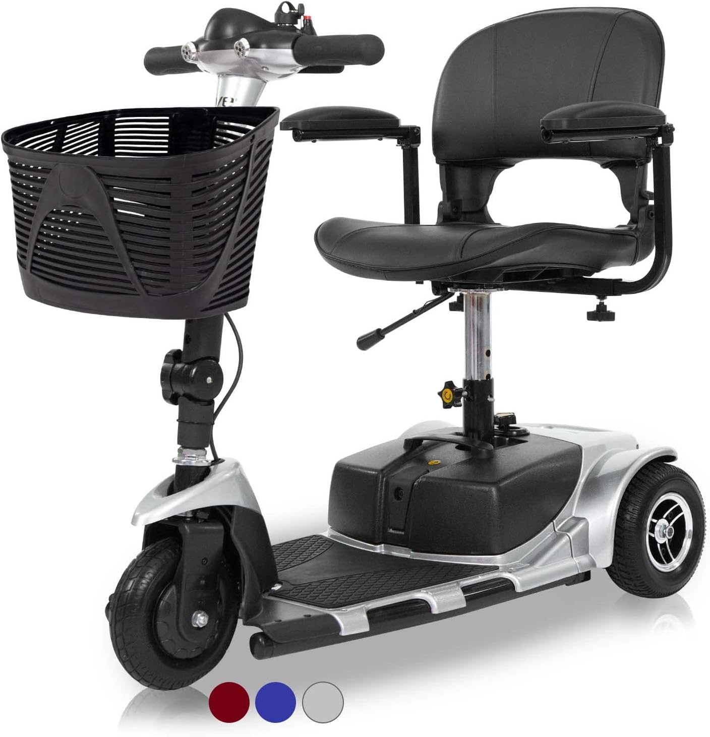 Vive 3-Wheel Mobility Scooter - Electric Powered Mobile Wheelchair Device for Adults - Folding, Collapsible and Compact for Travel - Long Range Power Extended Battery with Charger and Basket Included