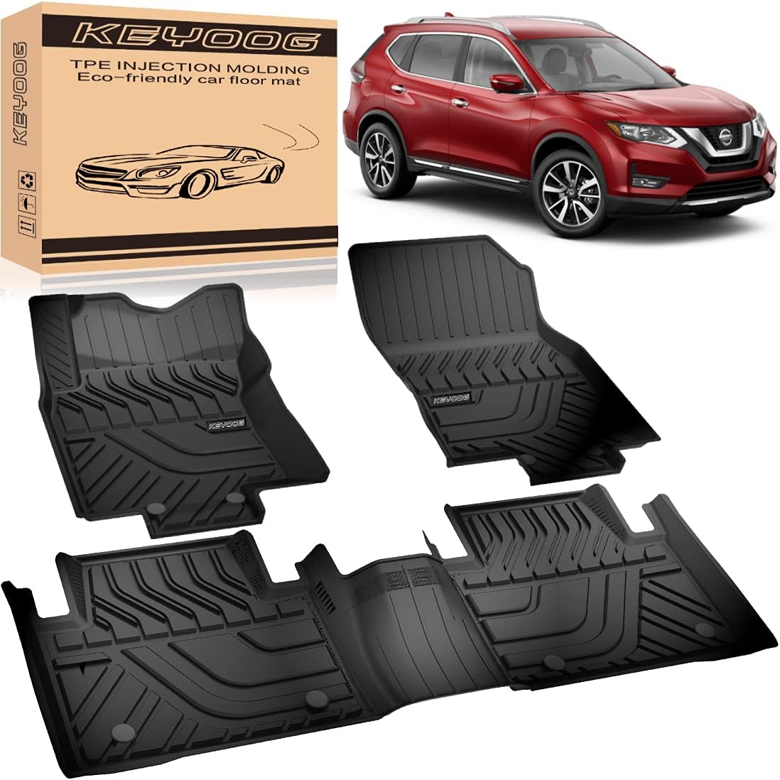 KEYOOG Compatible for 2014-2020 Nissan Rogue, Car Floor Mats Black TPE Special All-Weather Automotive Mat Interior Accessories Includes 1st and 2nd Row, Not Fits Rogue Select or Sport Models