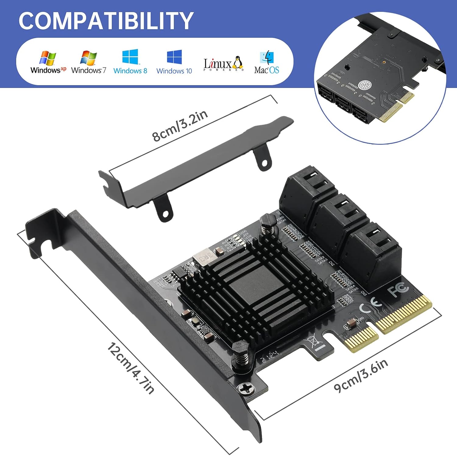 YUNKOZAND 4X PCIE SATA Card 6 Ports,with 6 SATA Cables,PCIE to SATA 3.0 6 Gbps Controller,PCIE SATA Expansion Card,PCIE SATA Controller Card,ASM1166 Chip (6 Ports SATA-4X) Pack of 2
