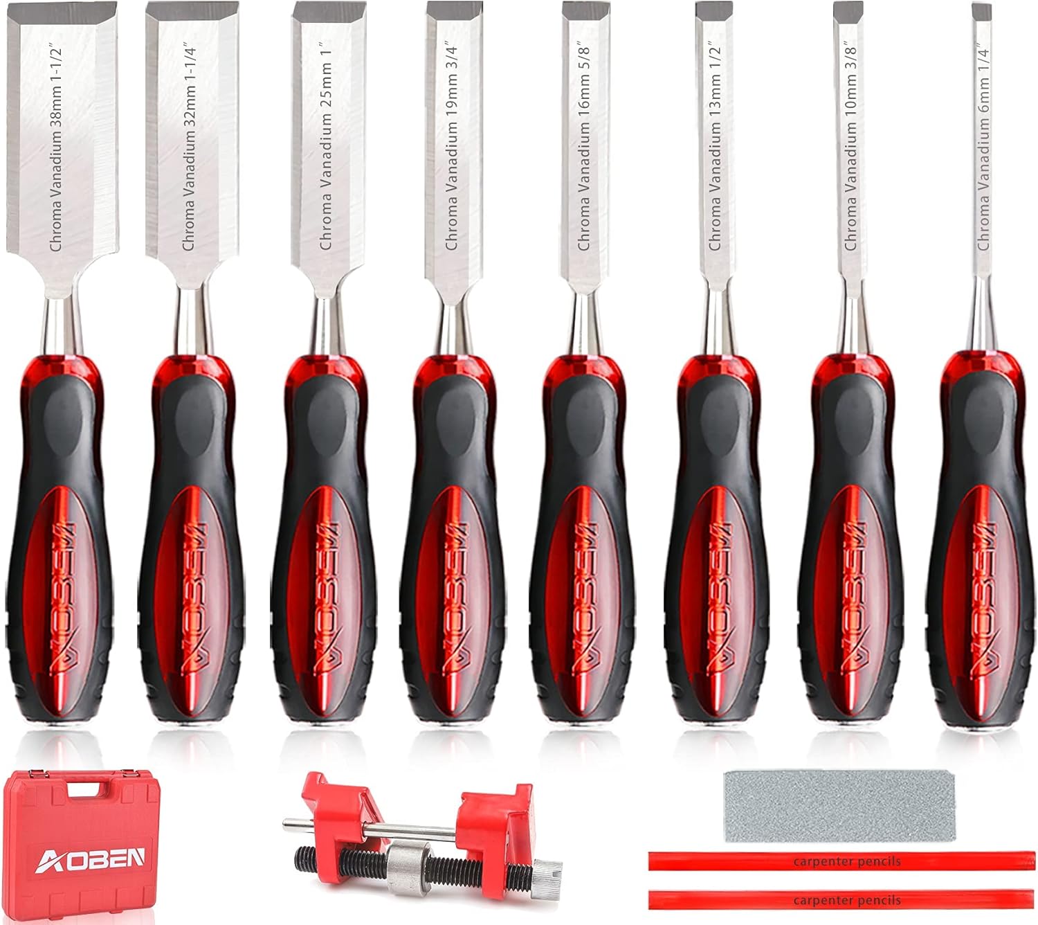 AOBEN 12 pc Wood Chisel Set Premium Wood Carving Chisels Sturdy Heat-Treated Cr-V Alloy Blades Woodworking Tools with 8 Full Tang Wood Chisels Tools,Honing Guide,Sharpening Stone,2 Carpenter Pencils Pack of 2