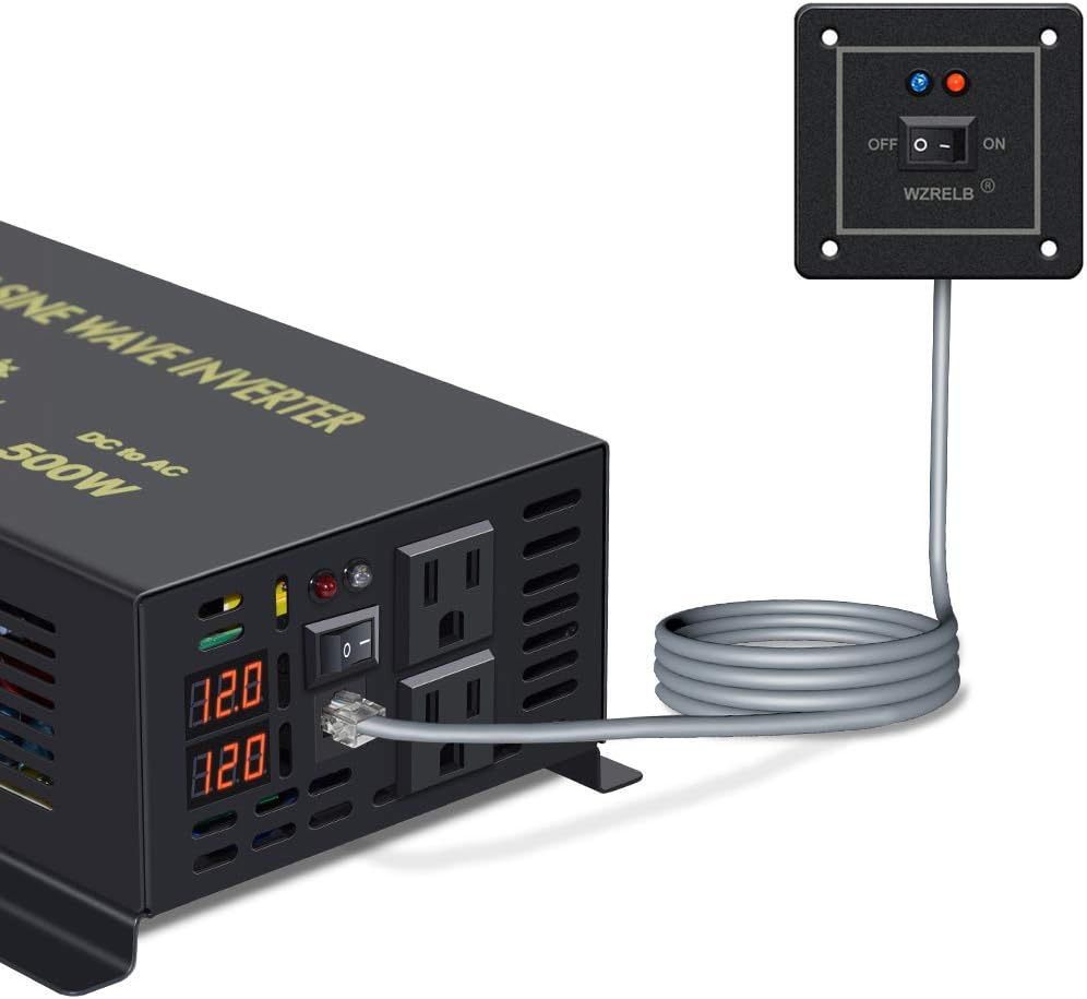 WZRELB 500W 12V 120V Pure Sine Wave Power Inverter with 2 AC Outlets Wired Remote Control (RBP-50012WR)