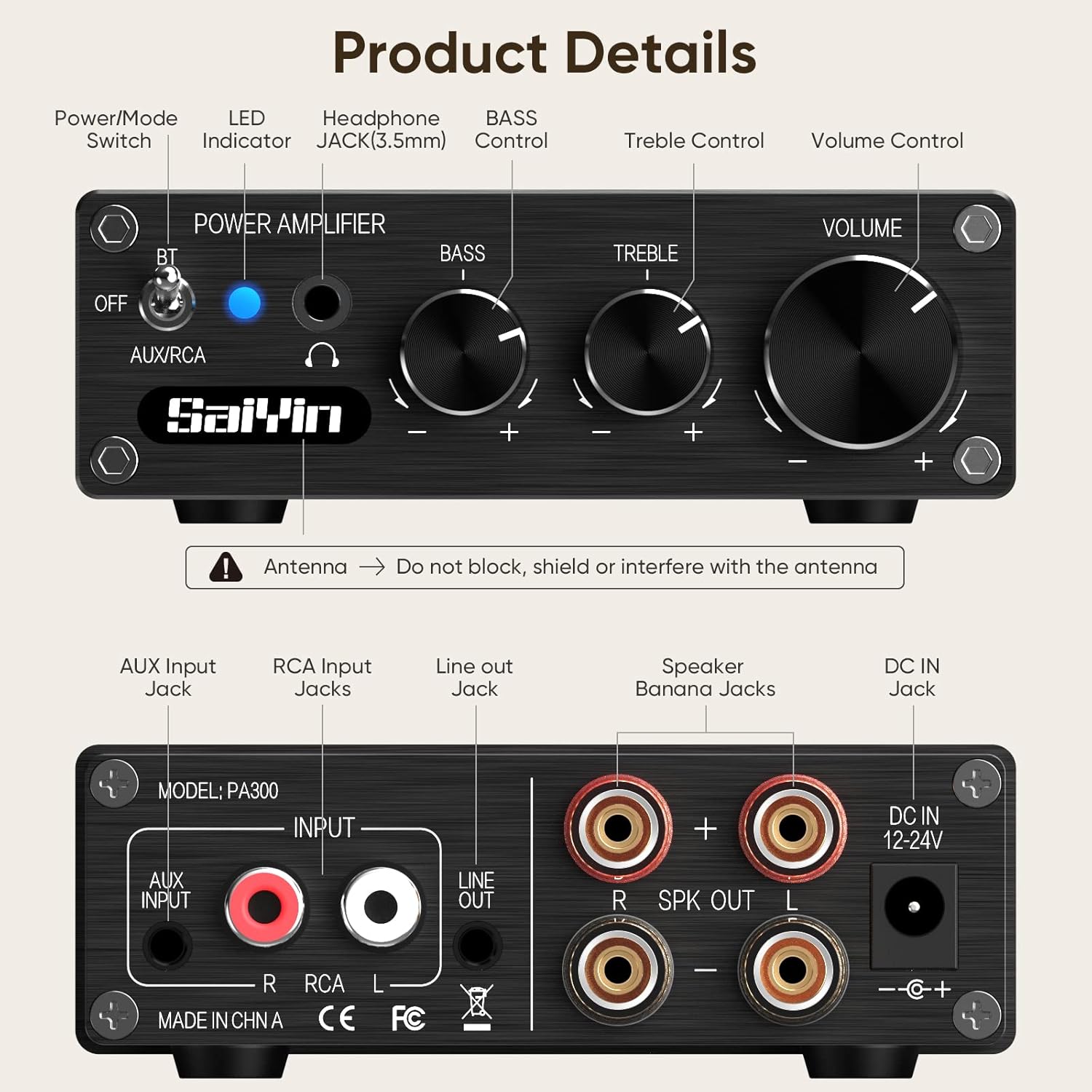 Saiyin Bluetooth Stereo Power Amplifier, 80W x 2 Dual Channel Amp Home Audio Receiver with HiFi Power Amp with Headphone Jack, for Home Passive /Powered Speakers, Powered Subwoofer