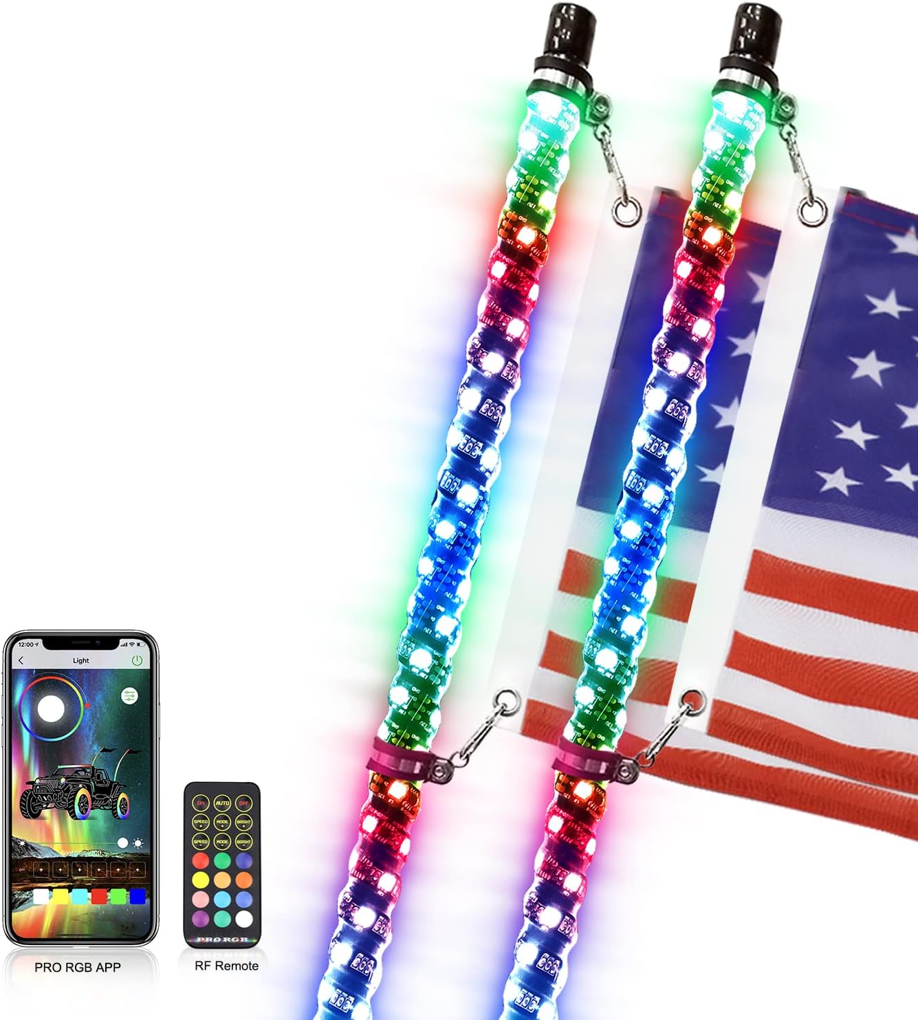 Beatto 2PCS 4FT(1.2M) LED Whips Light with Dacning/Chasing and Can Controlled by Remote and app Simultaneously with Lock Function