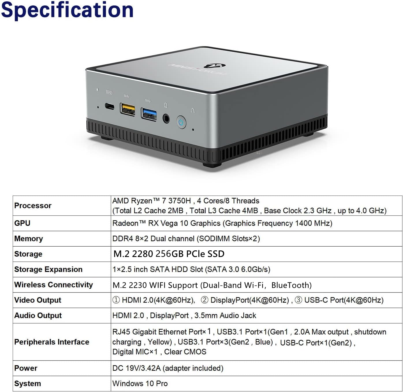 Mini PC AMD Ryzen 7 3750H UM700 | 16 GB RAM 256 GB PCIe SSD | Radeon RX Vega 10 Graphics | Dual WiFi BT 5.1 | HDMI 2.0 / Display/USB-C | RJ45 4X USB Small Form Factor