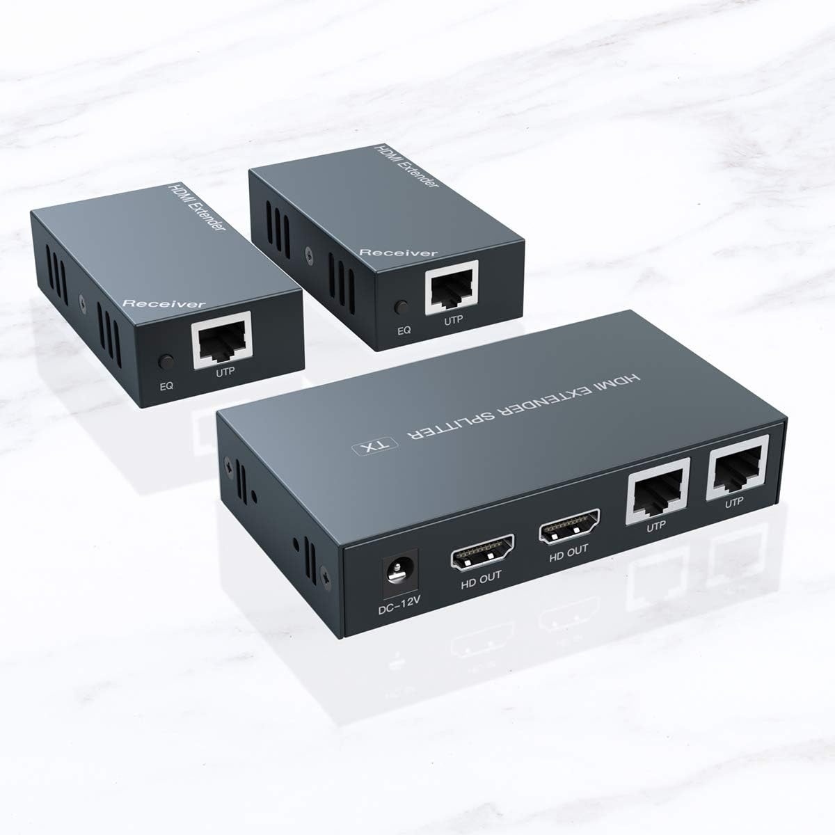 HDMI Extender 1 to 2 Splitter Transmit 1080p HD Video Over 50m/165ft Ethernet Cat5e/6 with 2 HDMI Local Output, Works with Computer/Camera/Projector/TV Pack of 2
