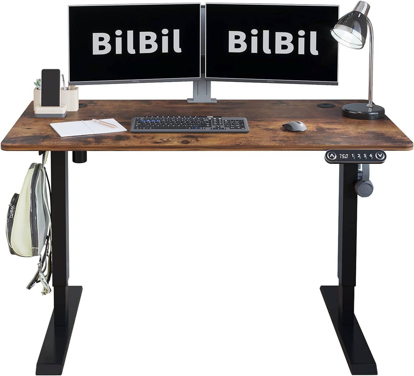 Electric Height Adjustable Standing Desk, BilBil 48 x 24 Inches Sit to Stand Desk Home Office Desk with Splice Board, Black Frame/Black and Rustic Brown Top