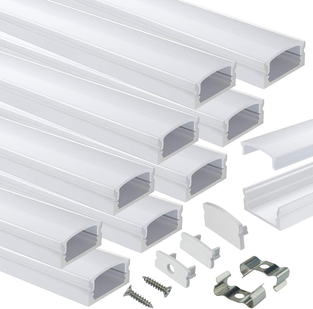 Muzata 10Pack 6.6FT/2M U Shape LED Aluminum Channel System with Milky White Cover, Silver Aluminum Extrusion Profile Housing Track for Strip Tape Light U1SW WW 2M, LU1 L2M