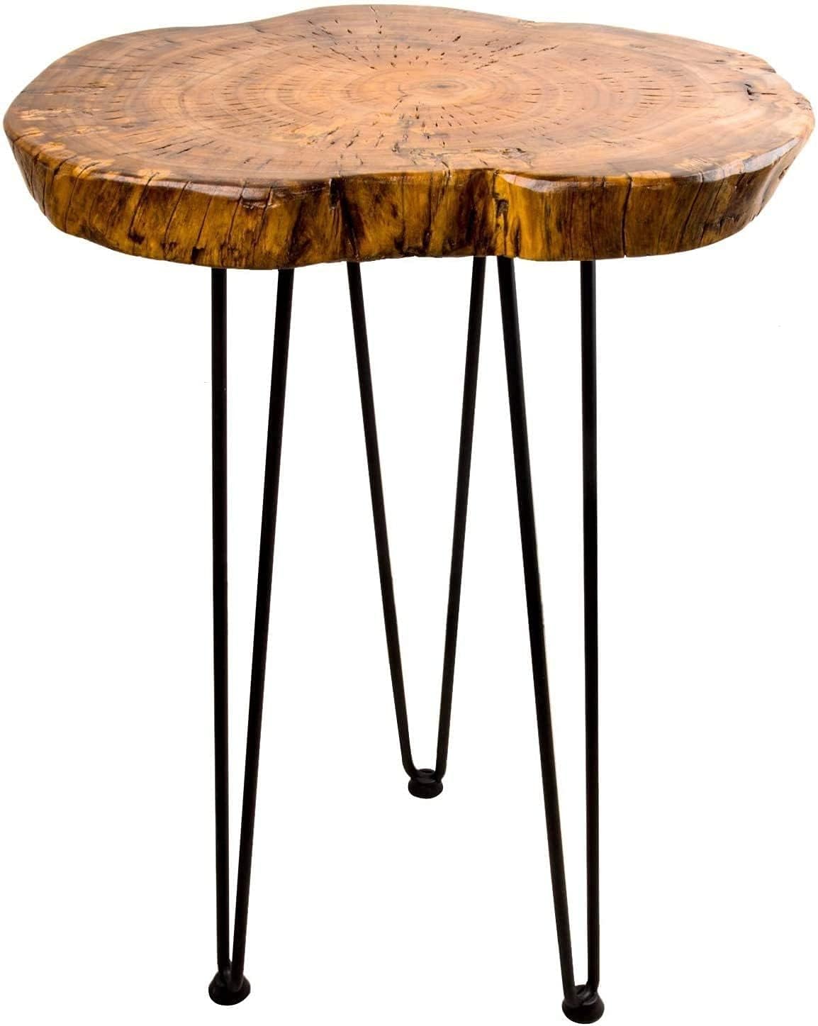 Natural Wooden Edge End Table, Hurricom Rustic Old Round Wood Side Table Nightstand Accent Table with Hairpin Legs, 20 inch Tall