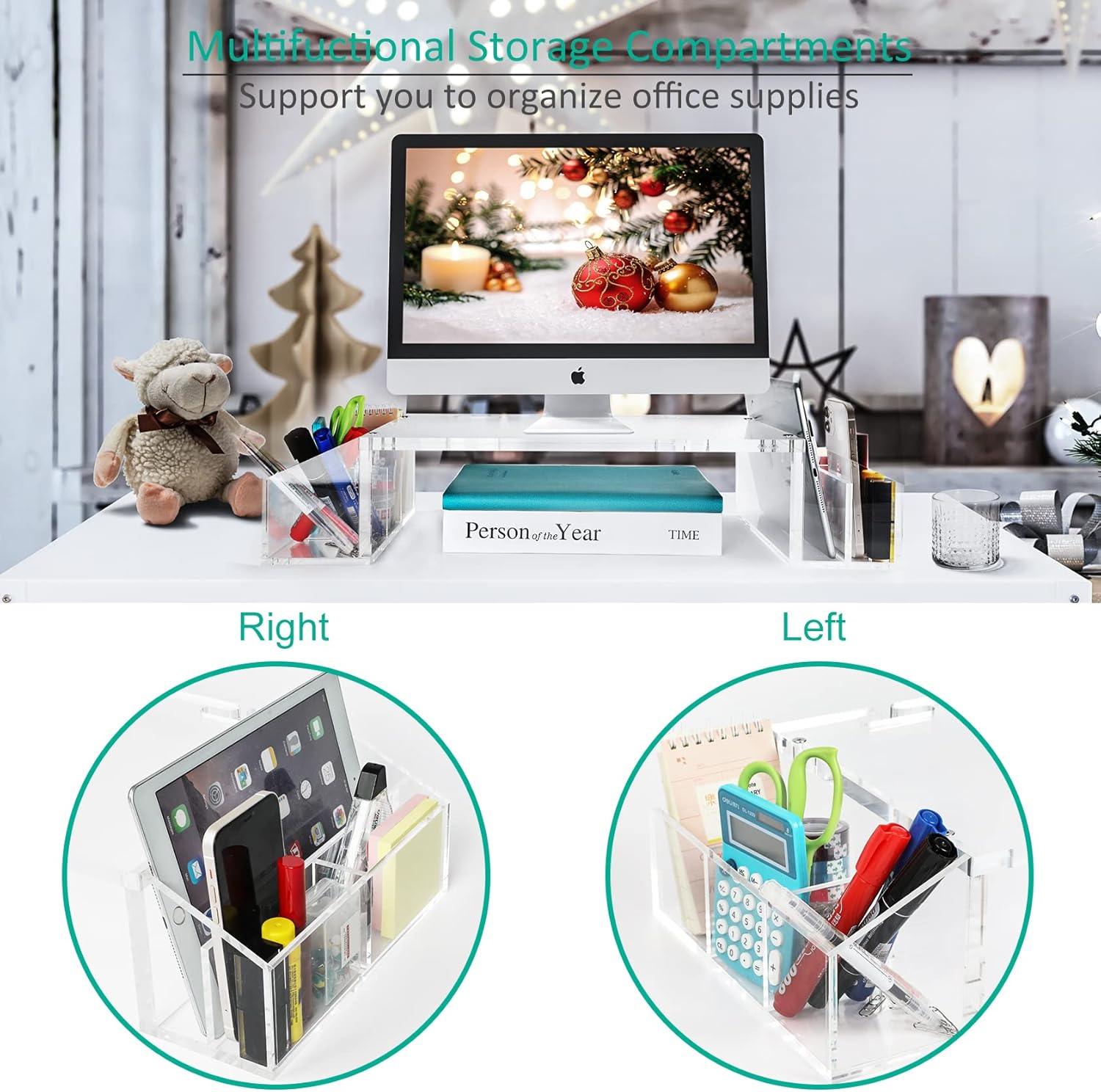 IMLIB Acrylic Monitor Stand Riser for Desk Countertop, Clear Acrylic Desktop Organizer with Side Compartments and Cable Management for Home and Office, L 22.9