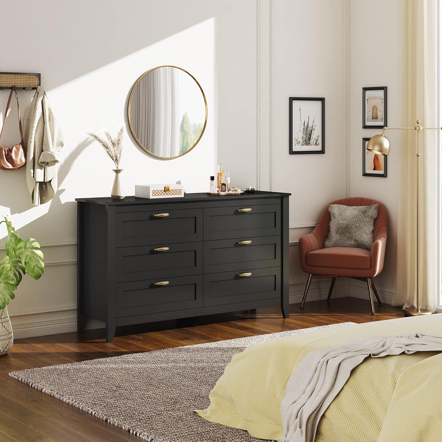 WLIVE 6 Drawer Dresser, Retro Chest of Drawers with Metal Handle, Double Wood Dresser, Large Storage Cabinet for Bedroom, Living Room & Nursery Toddlers Room, Black