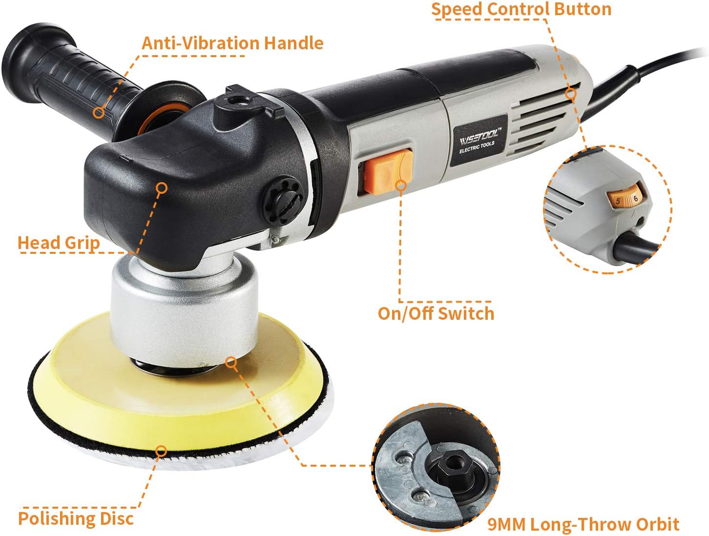 WISETOOL 6-Inch Dual Action Orbital Polisher,7Amp Variable Speed Polisher Sander,Ideal for Car/Home Appliance/Boat Polishing,Sanding,Waxing,Sealing Glaze Pack of 2