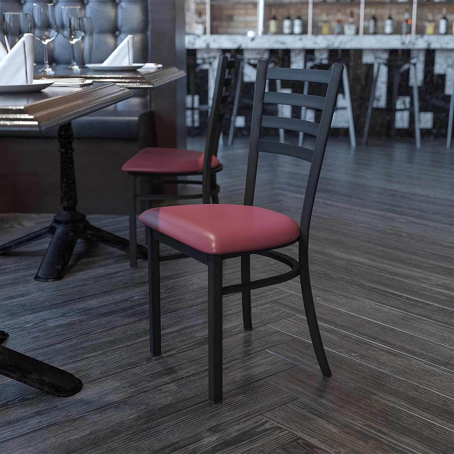 Flash Furniture HERCULES Series Black Ladder Back Metal Restaurant Chair - Walnut Wood Seat