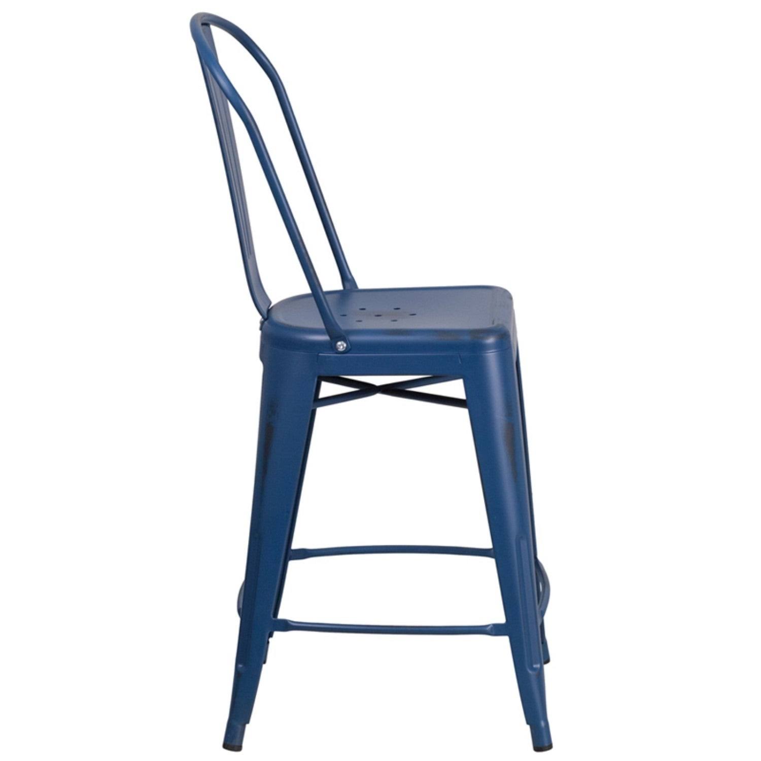 Offex 24 in. High Distressed Antique Blue Metal Indoor-Outdoor Counter Height Stool with Back