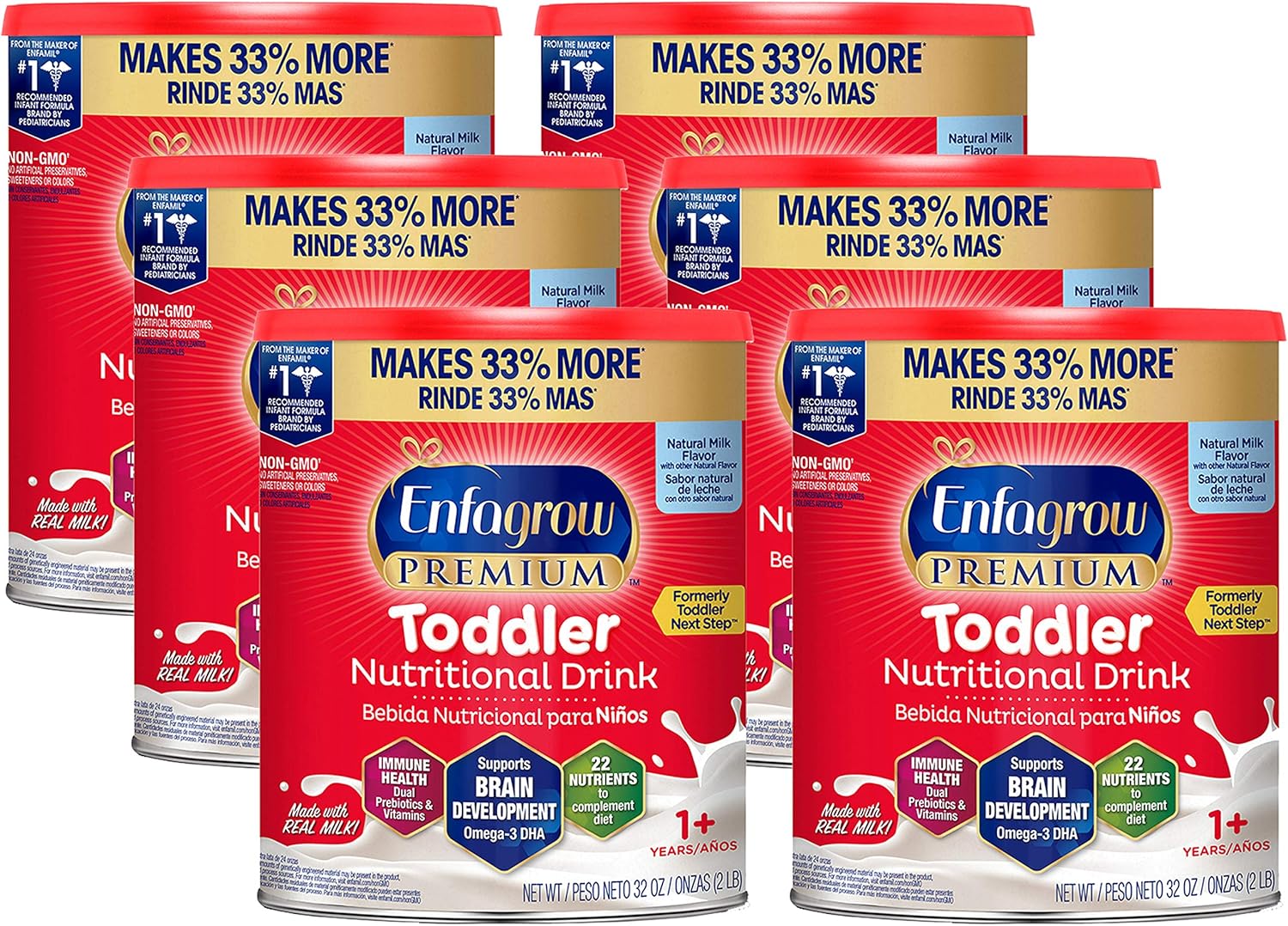 Enfagrow Premium Toddler Nutritional Drink 32 oz. Powder Can (Pack of 6) Dual Prebiotics for Immune Support, DHA for Brain Development, Natural Milk Flavor (Former Toddler Next Step) from Enfamil