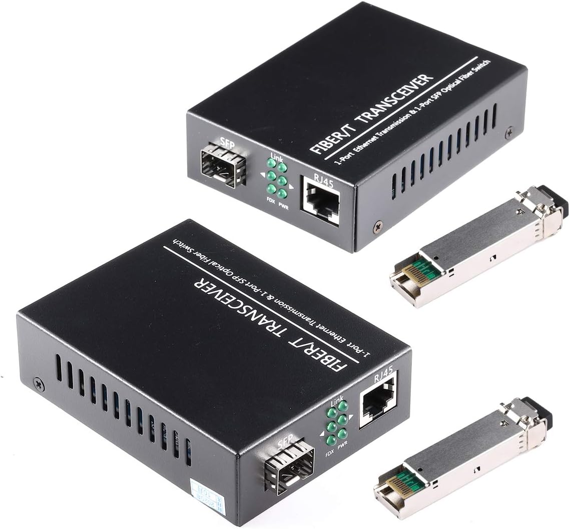 A Pair of 1.25G/s Bidi Gigabit Single-Mode Fiber Ethernet Media Converter with 2PCS Bidi SFP LC Transceiver Module Included, 10/100/1000Base-Tx to 1000Base-SX SMF RJ45 to SFP Slot up to 30KM Pack of 2