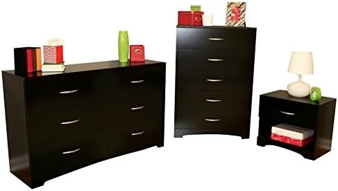 South Shore Maddox Dresser with Chest and Nightstand Set in Pure Black