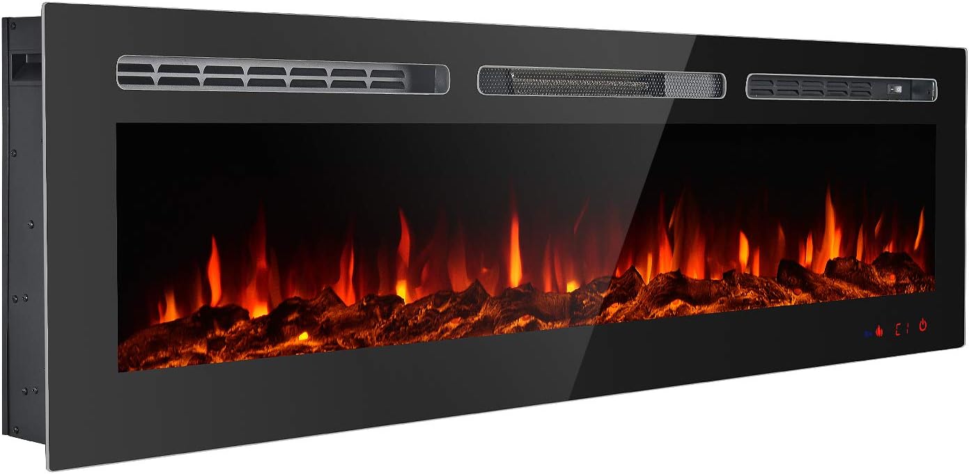 GMHome 60 Inches Recessed Electric Fireplace Wall Mounted in-Wall Built Heater Log Set & Crystal, 9 Changeable Colors, with Remote, 1500 Fireplace, Black