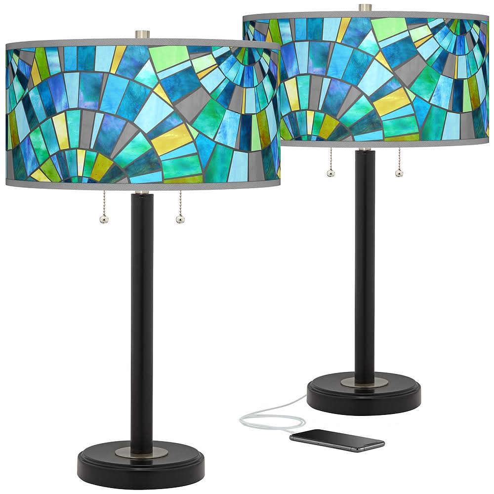 Giclee Glow Lagos Mosaic Arturo Black Bronze USB Table Lamps Set of 2, Brown