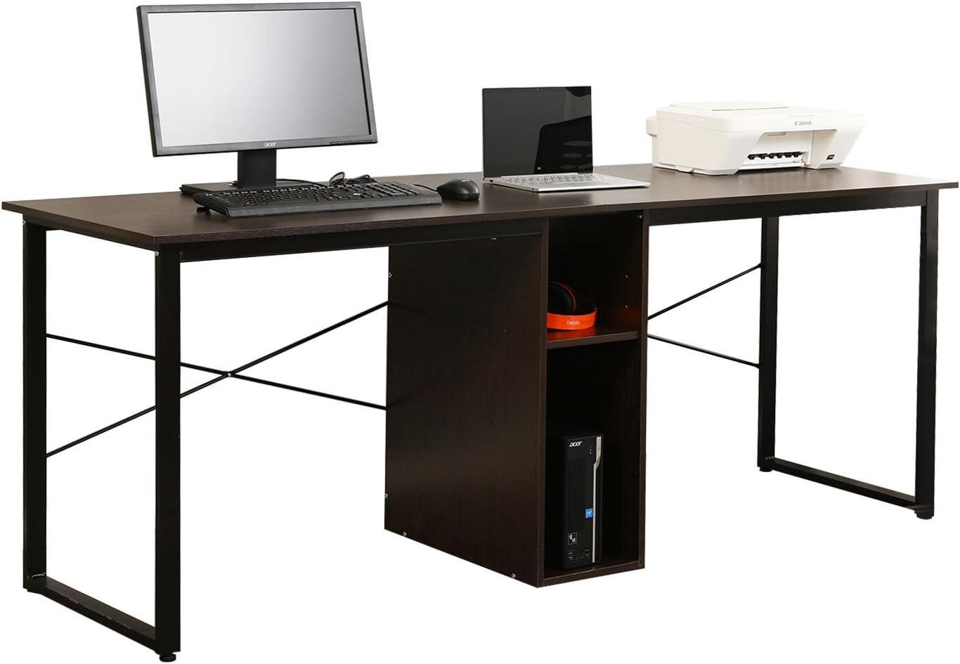 SogesGame 78 inches Two Person Desk Double Computer Desk with Storage Shelves Computer Desk Extra Large Size for Home Office Gaming, Black LD-H01-S8-US