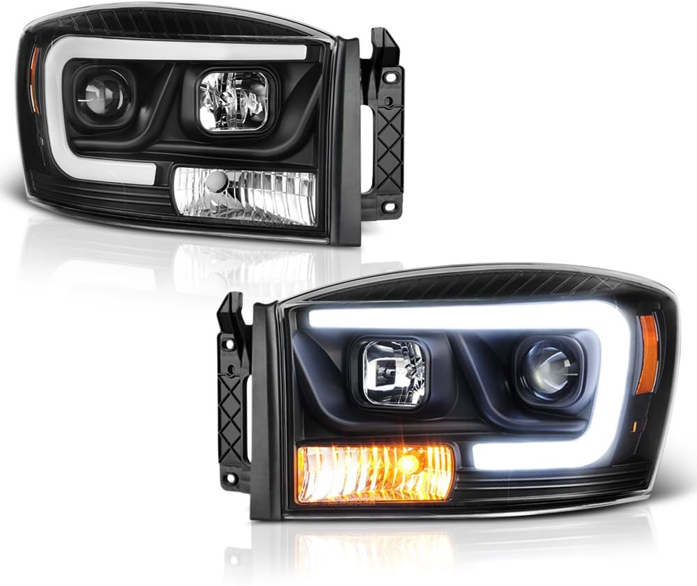 [For 2006-2008 Dodge RAM 1500 2500 3500] OLED LED Neon Tube Black Projector Headlight Headlamp Assembly Driver Passenger Side Pair Set