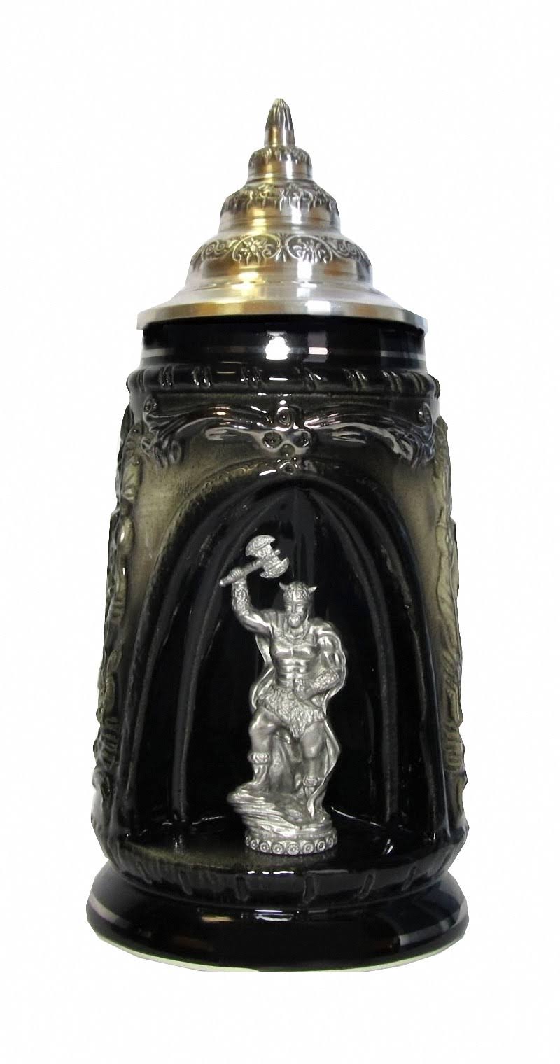 German Grotto Stein, Black, Pewter VIKING, ptd. Pewter Lid, 0.5 LITER Tankard, Beer Mug