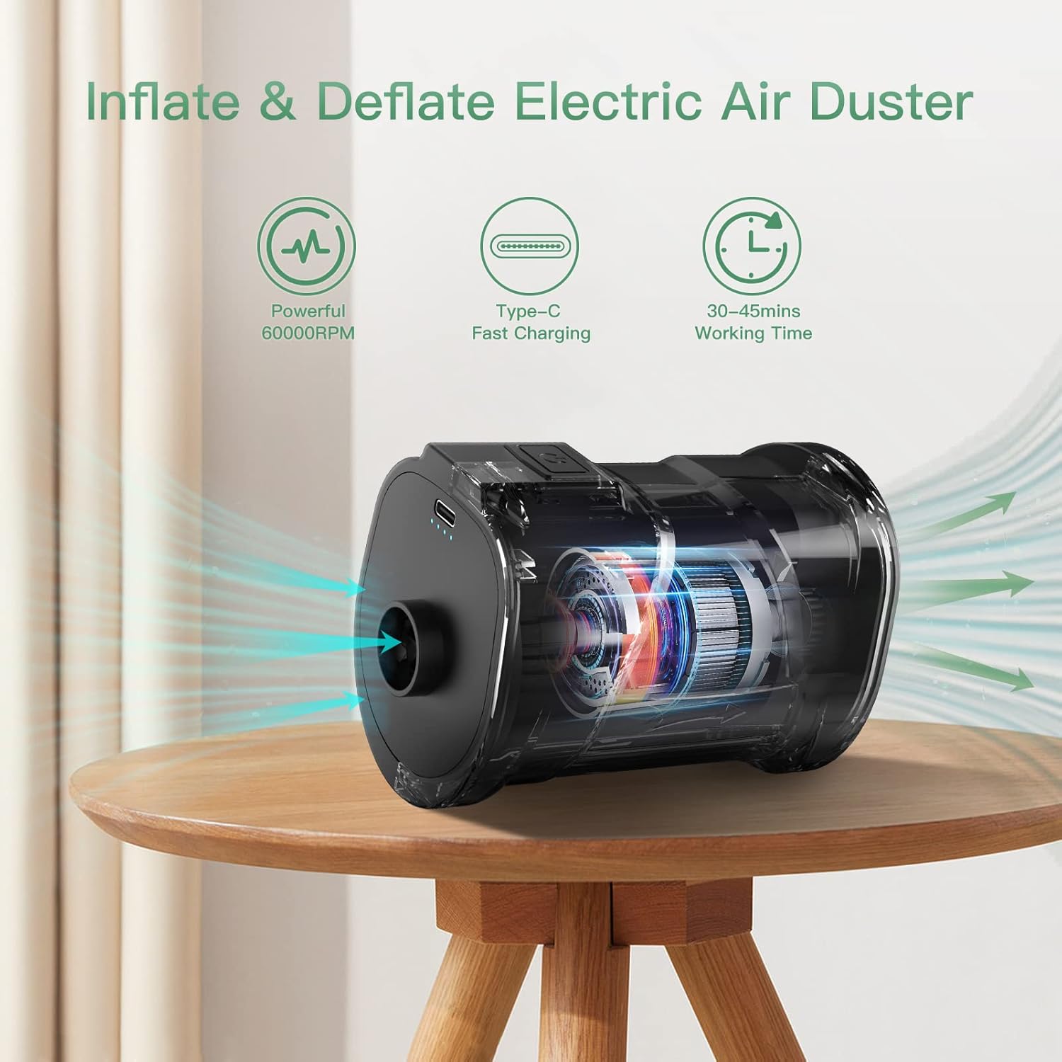 Compressed Air Duster, Portable Air Pump 2 in 1, 60000 RPM Electric Air Duster Keyboard Cleaner for Computer Electronics Cleaning, Replaces Compressed Air Cans, 10W Fast Charging Pack of 2