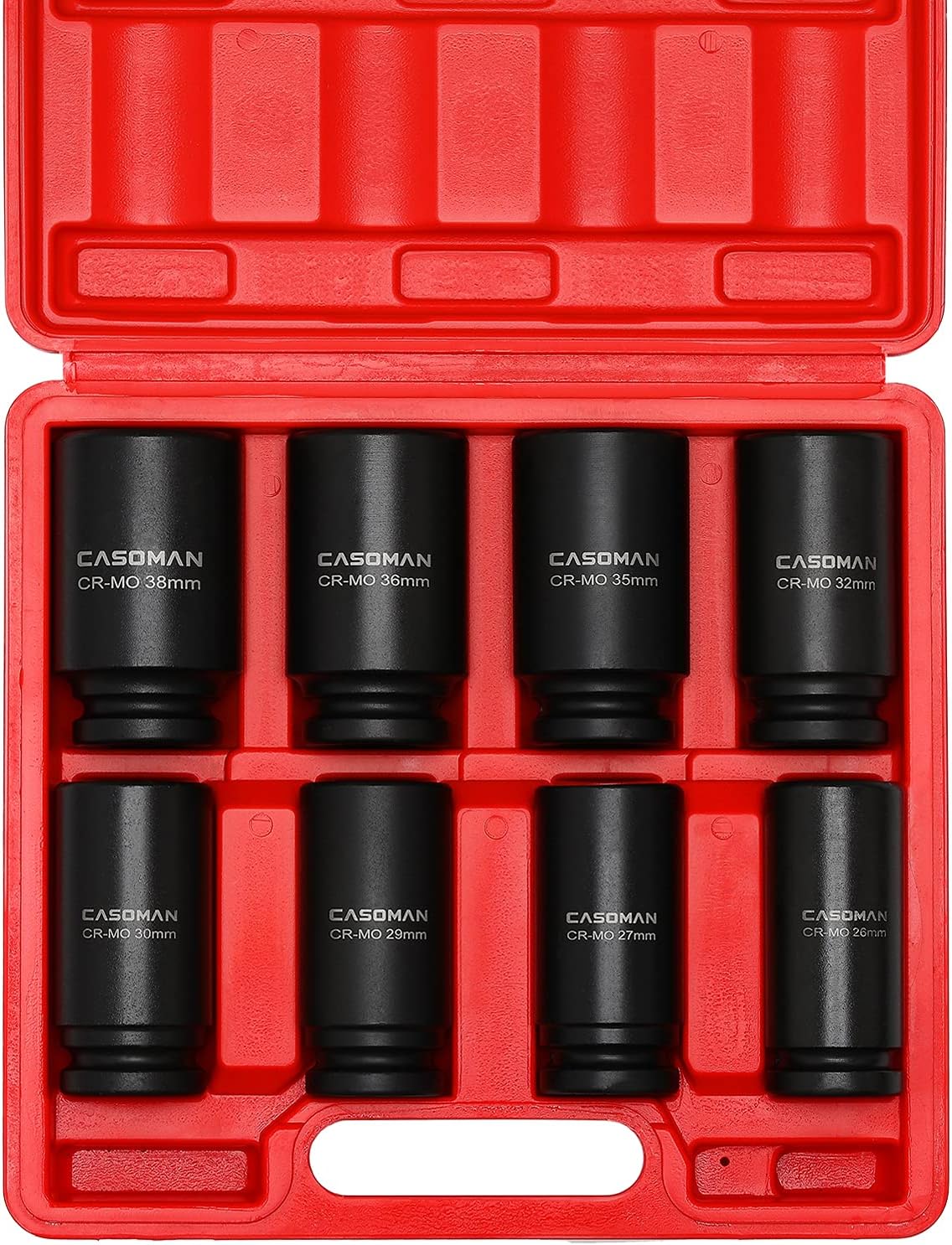 CASOMAN 8 Pieces 3/4-Inch Drive Deep Impact Socket Set, CR-MO, Metric, 6-Point, 26mm to 38mm, Radius Corner Design, 3/4
