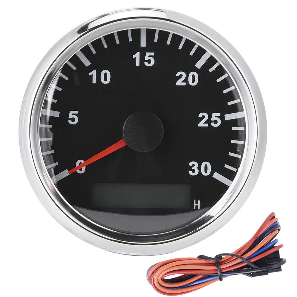 Acouto Boat Tachometer 85mm/3.3in Boat Tachometer Sensor IP67 Waterproof Tacho Gauge 12V/24V Red Light with LCD Display Service Hour Meter 3000 RPM(Silver Frame Black Dial) Pack of 2
