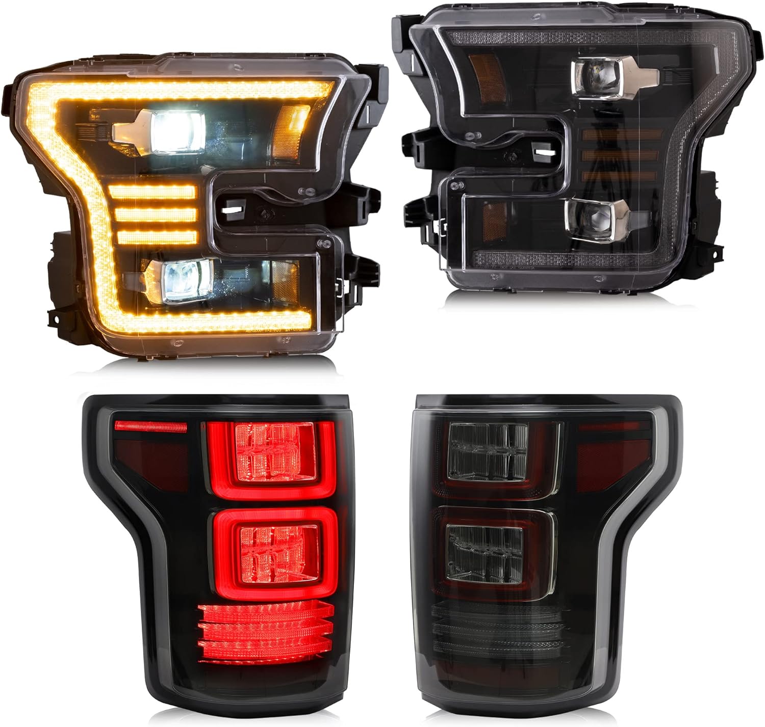 VLAND LED Amber DRL Headlights & Smoked Taillights Compatible For [ 2015 2016 2017 Ford F150 ] With Red Turn Signal Lights Lamps Assembly, (Not Fit a BLIND Model & Factory LED Version)