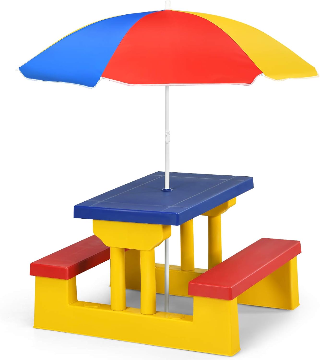 Costzon Kids Picnic Table, Indoor & Outdoor Table and Bench with Removable Umbrella, Portable Picnic Table Bench Set for Toddlers, Great for Garden, Backyard, Patio (Red & Green)