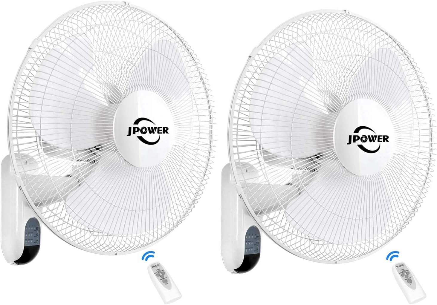 JPOWER 2-Pack 16 Inch Digital Wall Mount Fan with Remote Control 3 Speed,120 Degrees Oscillating,7.5h Timer with 65 Inches Power Cord, White,Safety Listed