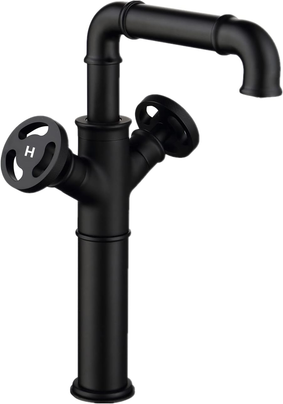 Trealif Industrial Style Bathroom Sink Faucet 1 Hole 2 Handles Solid Brass,Vessel Basin Faucet Matte Black