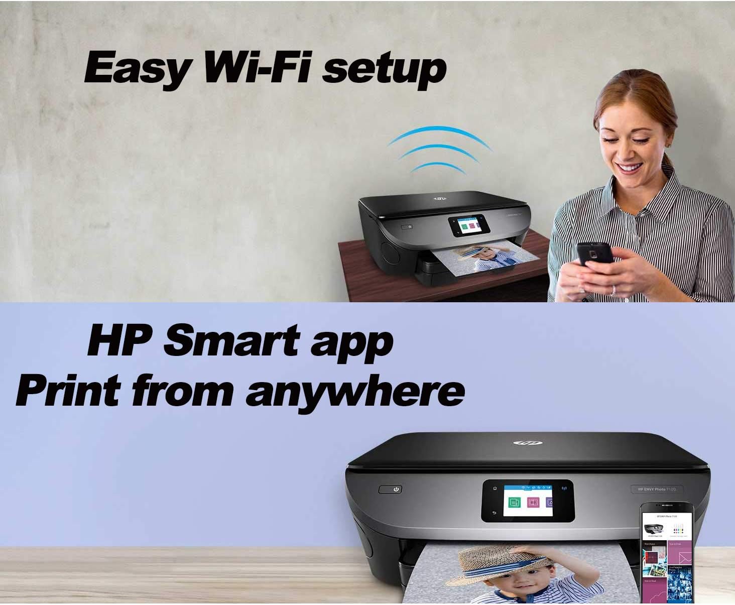 HP Photo Printer All-in-One Wireless Envy 7120 with Scanner & Copier + Ink Cartridges & Optional Instant Ink Subscription + USB Cable, Sample Photo Paper Pack & HeroFiber